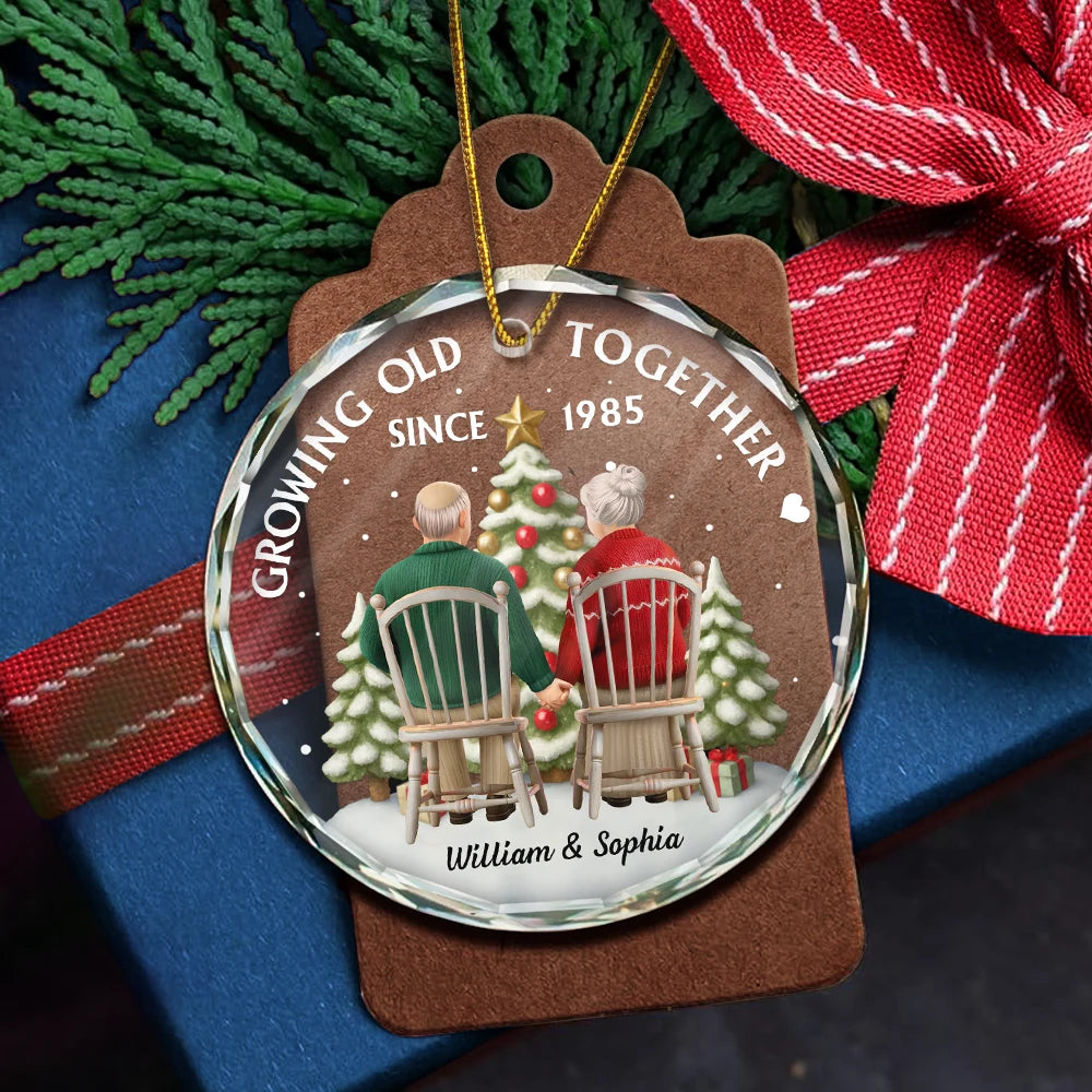 Gift For Couples, Old Couples, Gift For Husband, Gift For Wife, Love, Christmas - 3D Effect Couple Growing Old Together - Personalized Circle Glass Ornament