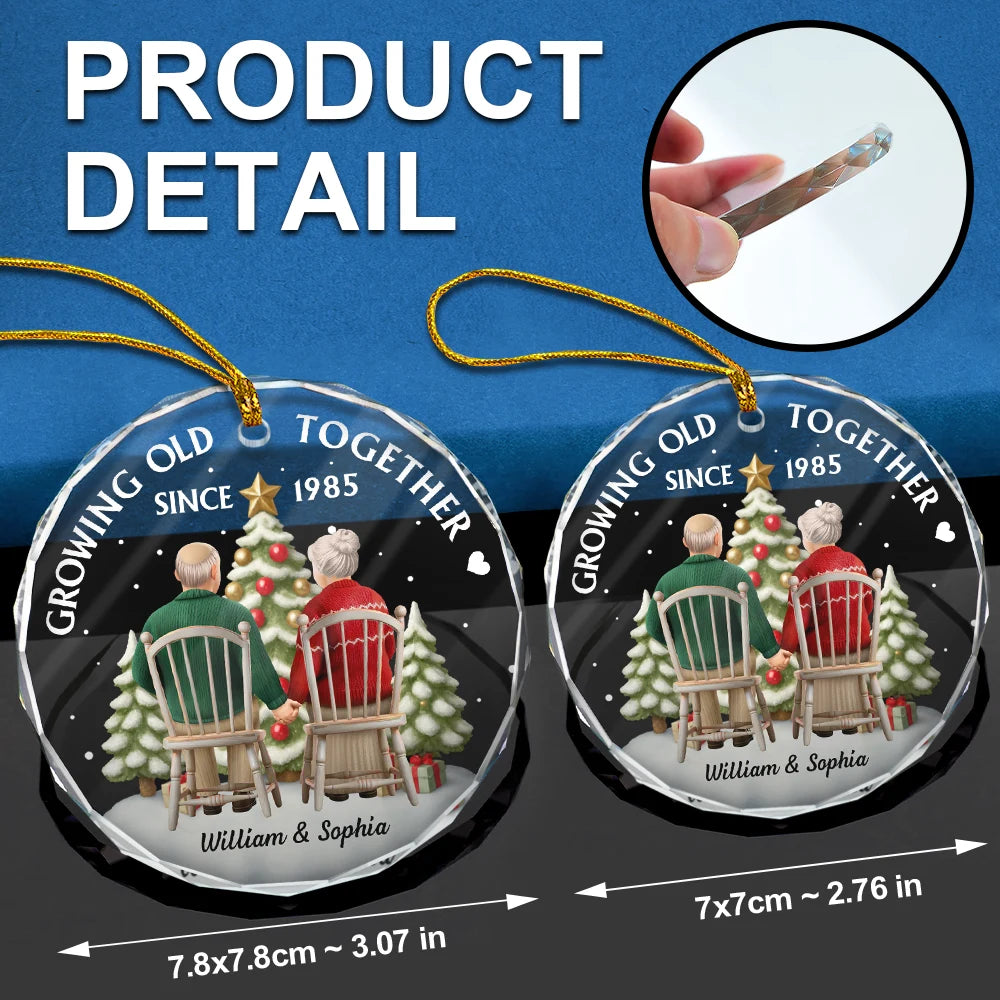 Gift For Couples, Old Couples, Gift For Husband, Gift For Wife, Love, Christmas - 3D Effect Couple Growing Old Together - Personalized Circle Glass Ornament