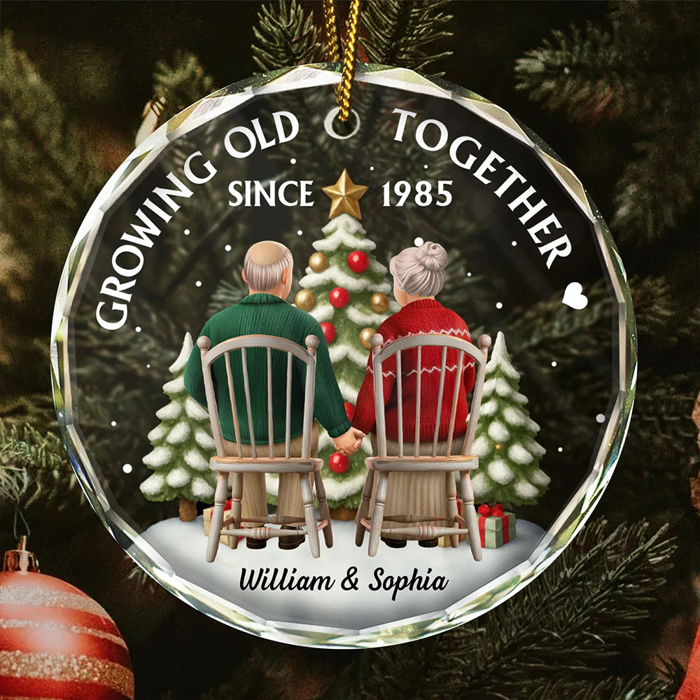 3D Effect Couple Growing Old Together - Personalized Circle Glass Ornament