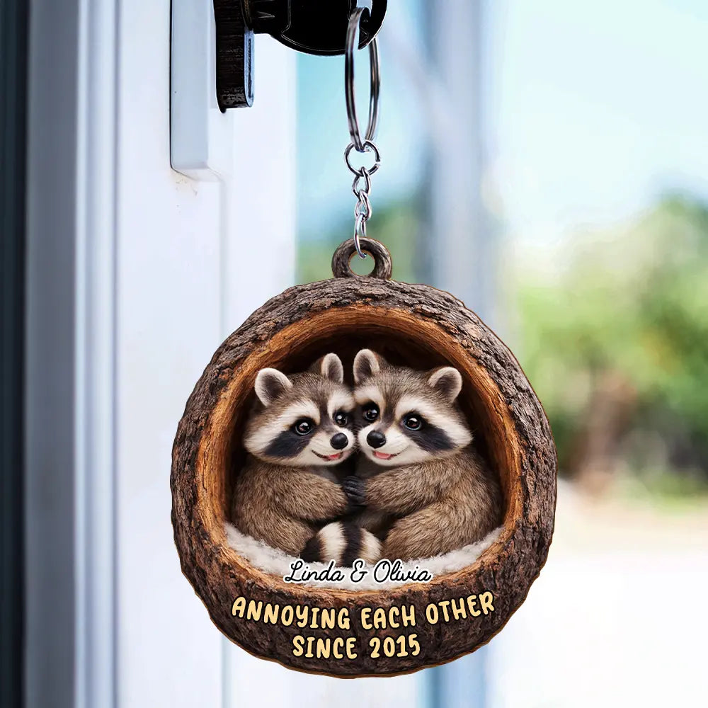 Gift For Couples,Gift For Women,Gift For Men,Gift For Boyfriend,Gift For Girlfriend,Gift For Wife,Gift For Husband,Funny,Love - 3D Effect Couple Raccoon Annoying Each Other - Personalized Wooden Keychain