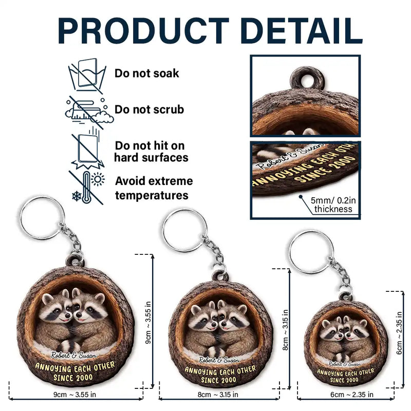 Gift For Couples,Gift For Women,Gift For Men,Gift For Boyfriend,Gift For Girlfriend,Gift For Wife,Gift For Husband,Funny,Love - 3D Effect Couple Raccoon Annoying Each Other - Personalized Wooden Keychain