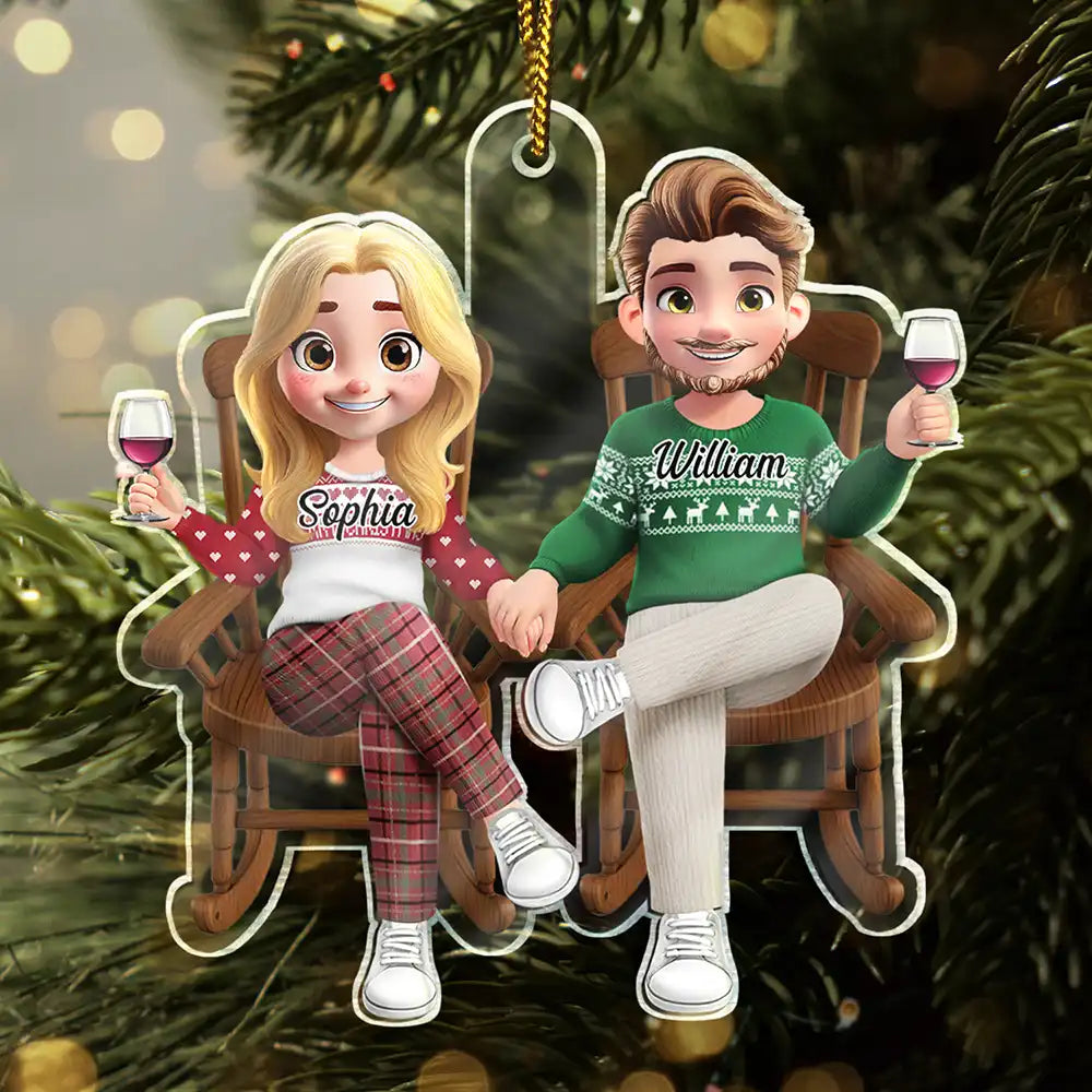 Love,Christmas,Gift For Wife,Gift For Husband,Gift For Couples - 3D Effect Couple Sitting And Holding Hand - Personalized Custom Shaped Acrylic Ornament
