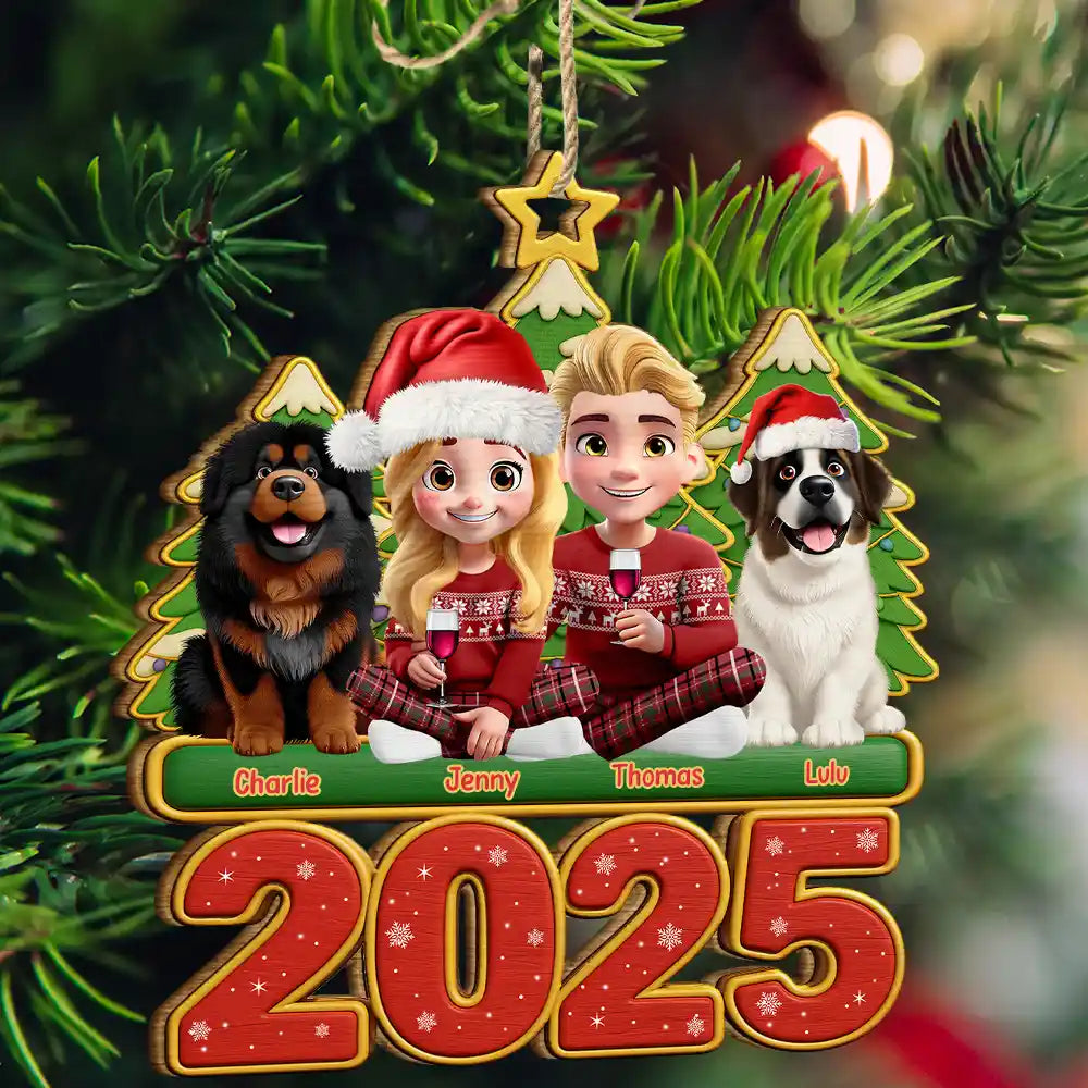 3D Effect Couple Sitting With Dogs - Personalized Custom Shaped Wooden Ornament