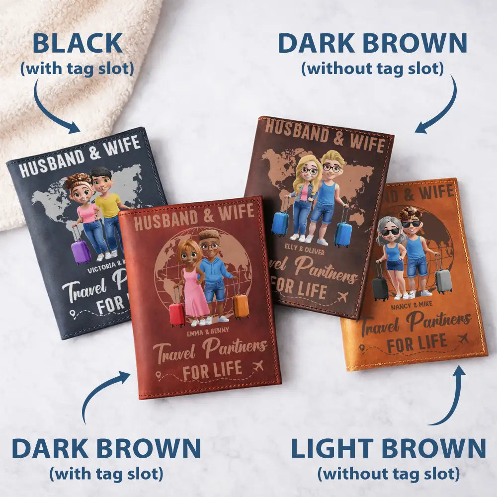 Gift For Couples,Gift For Husband,Gift For Wife,Old Couples,Gift For Boyfriend,Gift For Girlfriend,Happy,Travel - 3D Effect Couple Travel Partners For Life - Personalized Combo 2 Leather Passport Holders