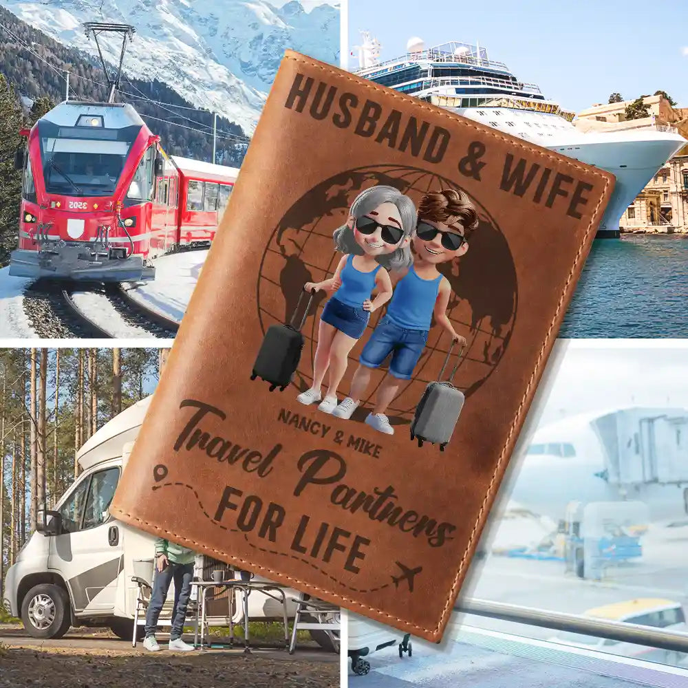 Gift For Couples,Gift For Husband,Gift For Wife,Old Couples,Gift For Boyfriend,Gift For Girlfriend,Happy,Travel - 3D Effect Couple Travel Partners For Life - Personalized Combo 2 Leather Passport Holders