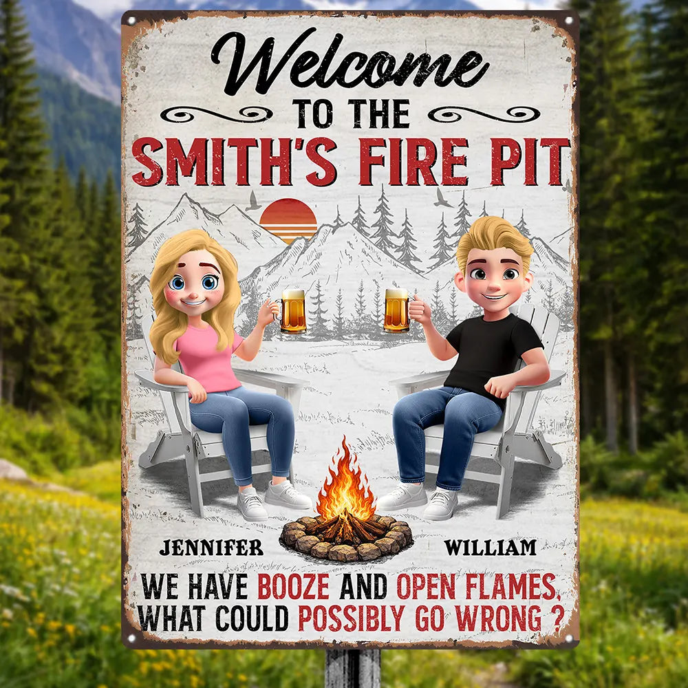 3D Effect Couple Welcome To Our Fire Pit - Personalized Classic Metal Signs
