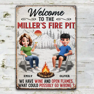 Old Couples,Gift For Husband,Gift For Wife,Gift For Boyfriend,Gift For Girlfriend,Camping,Campsite,Happy - 3D Effect Couple Welcome To Our Fire Pit - Personalized Classic Metal Signs
