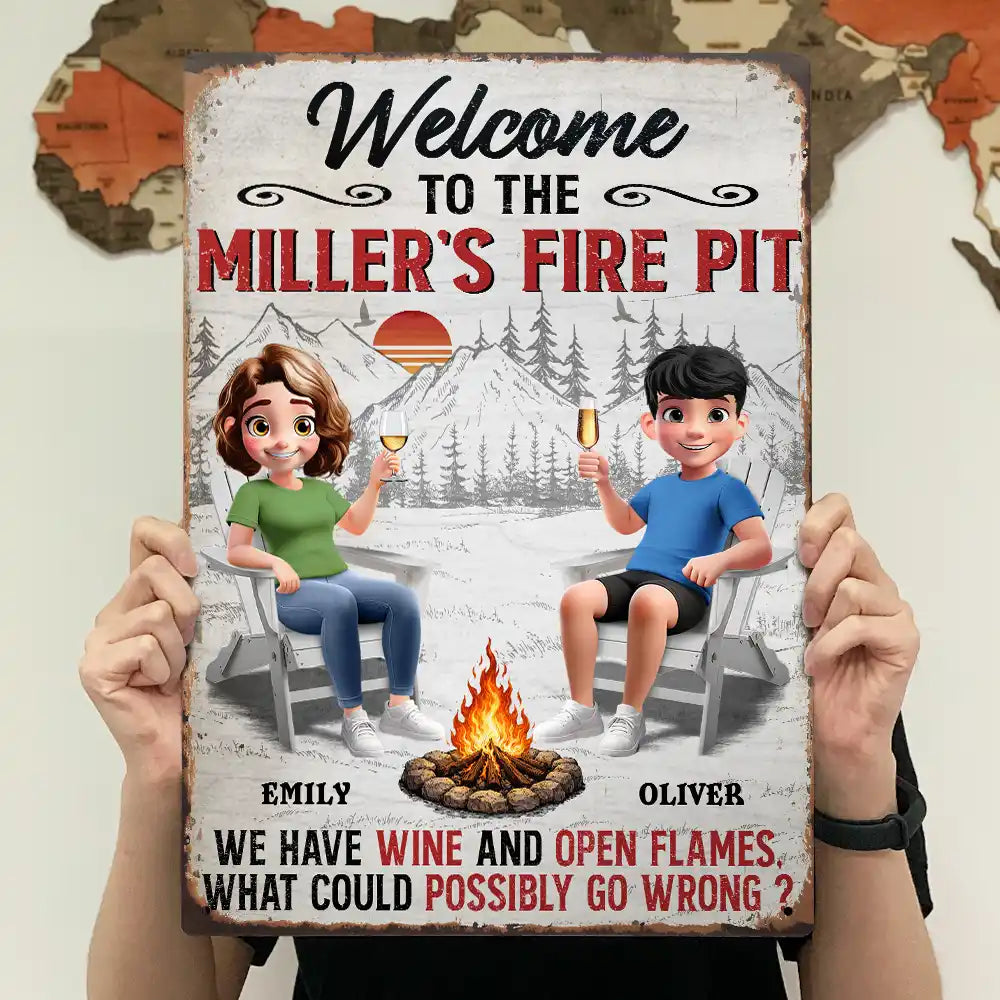 Old Couples,Gift For Husband,Gift For Wife,Gift For Boyfriend,Gift For Girlfriend,Camping,Campsite,Happy - 3D Effect Couple Welcome To Our Fire Pit - Personalized Classic Metal Signs