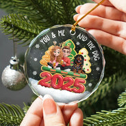 Christmas, Gift For Couples, Dog Couple, Happy, Dog Lovers - 3D Effect Couple You And Me And The Dogs - Personalized Circle Glass Ornament