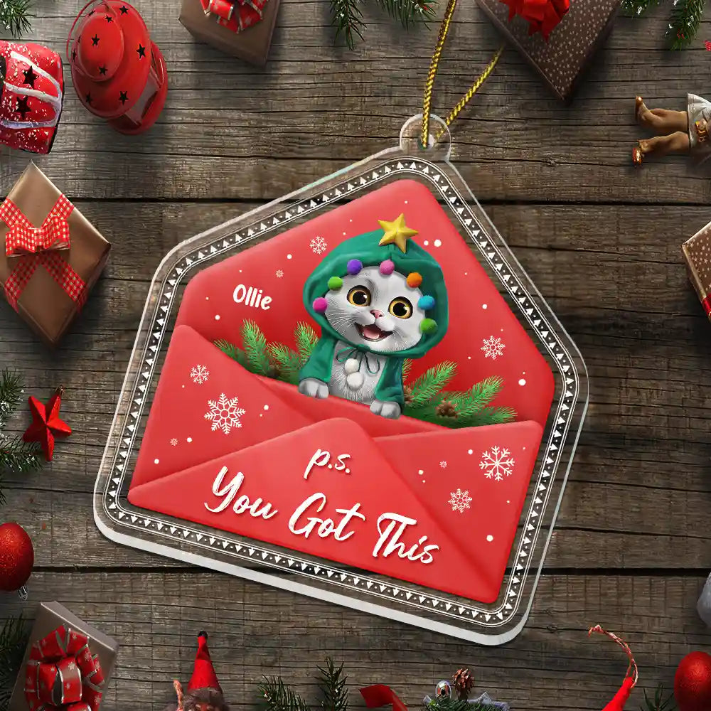 Pet Lovers,Christmas,Happy,Dog Lovers,Dog Mom,Dog Dad,Cat Lovers,Cat Mom,Cat Dad - 3D Effect Dog Cat P.s. You Got This - Personalized Custom Shaped Acrylic Ornament