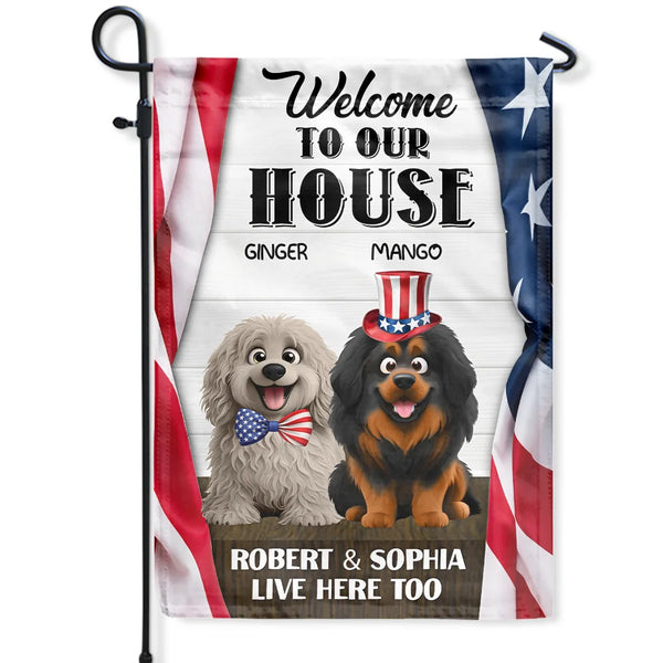 Pet Lovers,Dog Lovers,Cat Lovers,Family,Independence Day,Happy,Top Market - 3D Effect Dog Cat Welcome To Our House - Personalized Flag