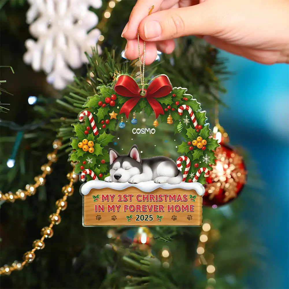 Pet Lovers,Pet Mom,Pet Dad,Dog Lovers,Dog Mom,Dog Dad,Happy,Christmas - 3D Effect Dog My 1st Christmas In My Forever Home - Personalized Custom Shaped Acrylic Ornament