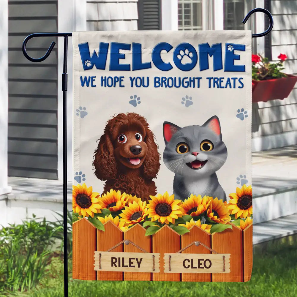 Pet Lovers,Pet Mom,Pet Dad,Cat Lovers,Cat Mom,Cat Dad,Dog Lovers,Dog Mom,Dog Dad,Gift For Women,Gift For Men,Happy,Top Market,Dog Couple,Cat Couple,Pet Couple,Family - 3D Effect Dogs Cats Welcome Hope You Brought Treats - Personalized Flag