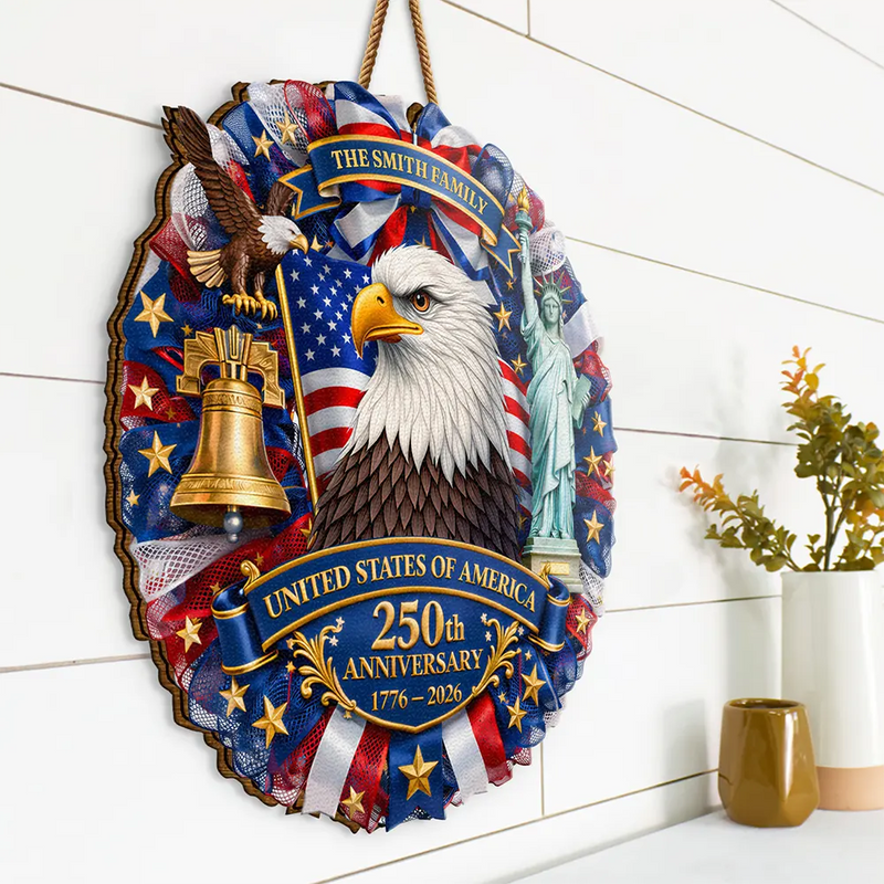 Family,America 250th,Independence Day,Happy - 3D Effect Eagle Wreath 250th Anniversary - Personalized Custom Shaped Wood Sign