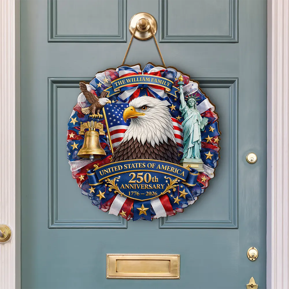 Family,America 250th,Independence Day,Happy - 3D Effect Eagle Wreath 250th Anniversary - Personalized Custom Shaped Wood Sign