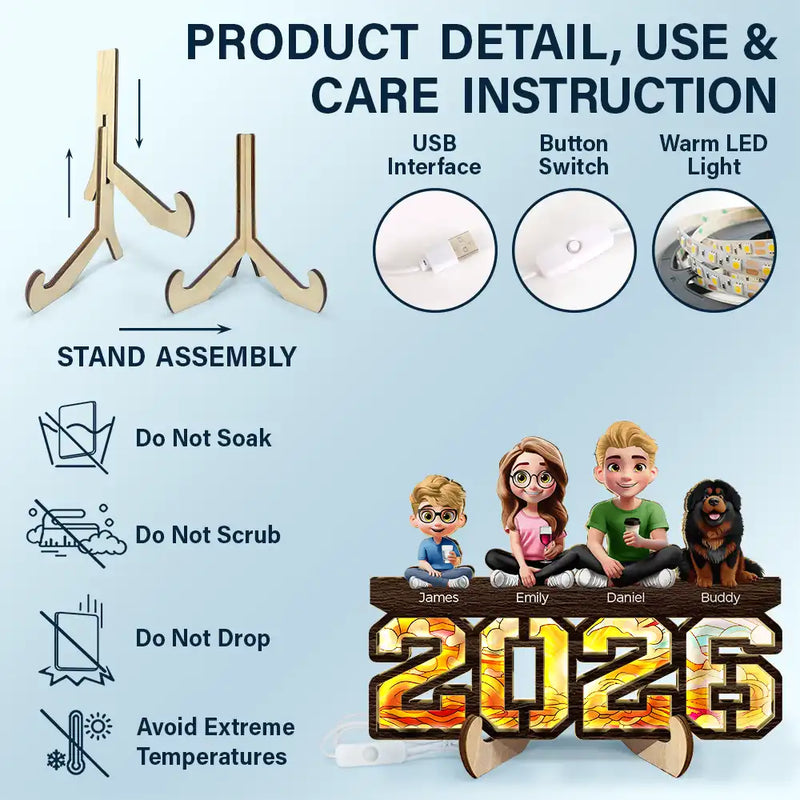 Family,Gift For Couples,Pet Couple,Happy - 3D Effect Family And Dog Cat - Personalized LED Light Wooden Plaque