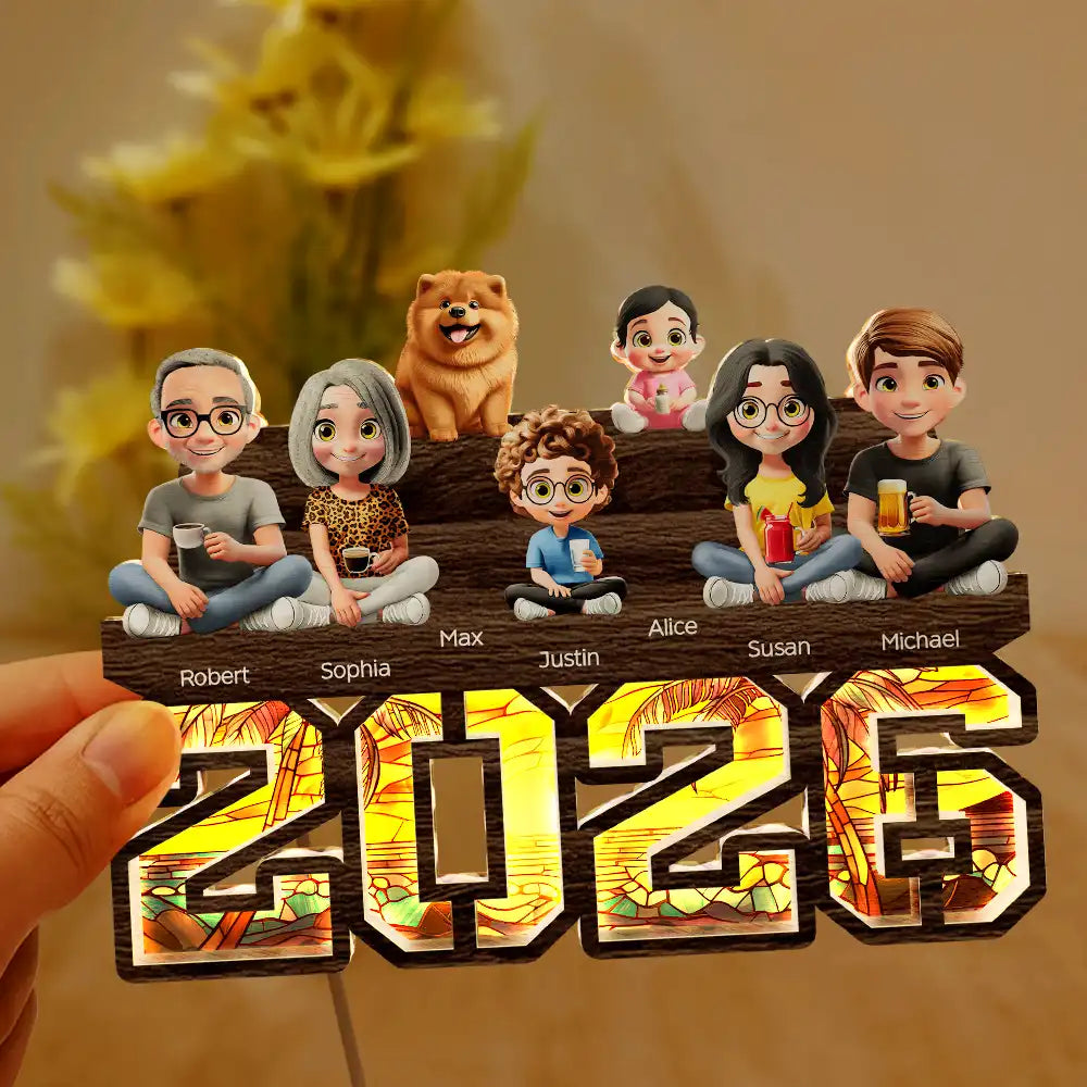Family,Gift For Couples,Pet Couple,Happy - 3D Effect Family And Dog Cat - Personalized LED Light Wooden Plaque
