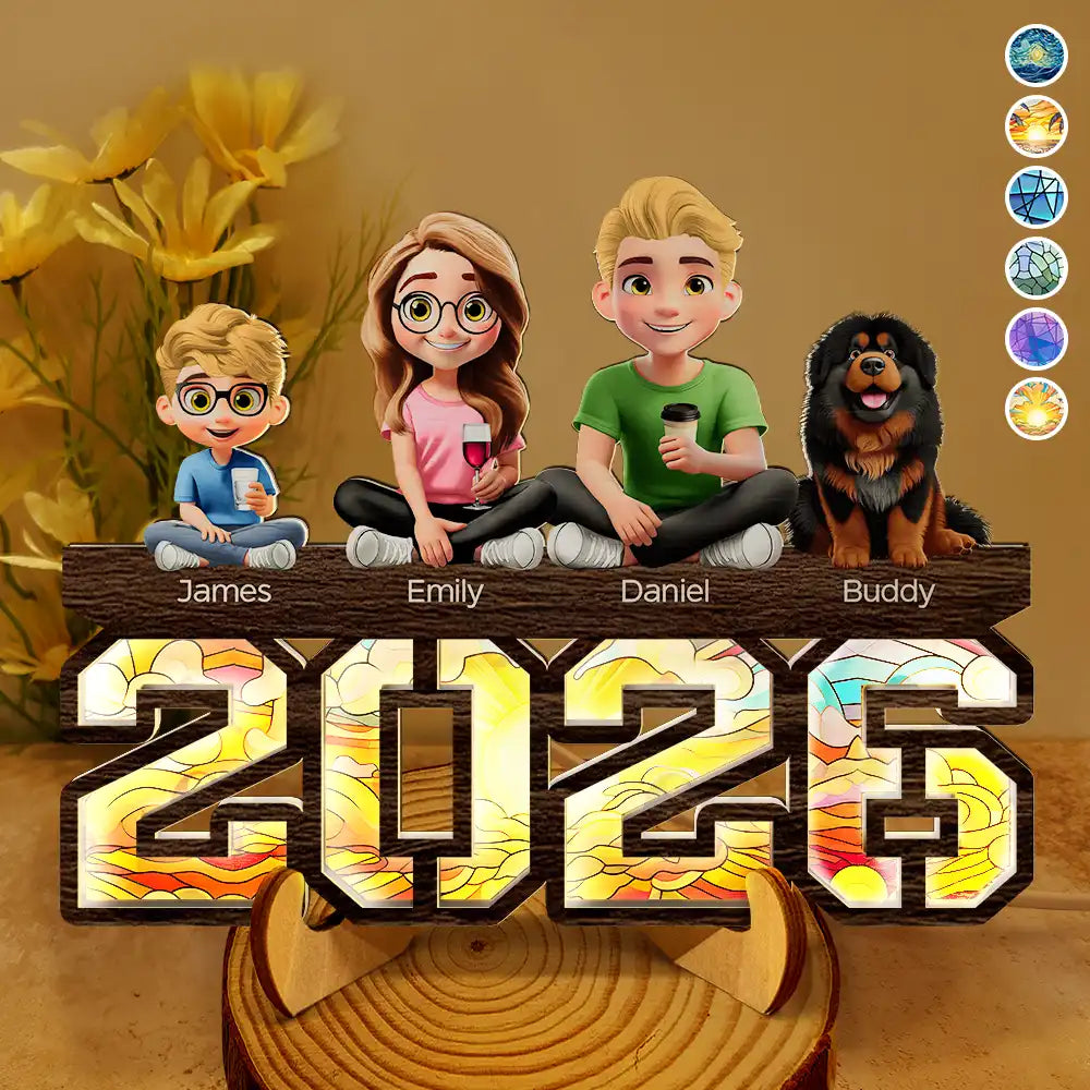 Family,Gift For Couples,Pet Couple,Happy - 3D Effect Family And Dog Cat - Personalized LED Light Wooden Plaque