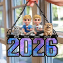 Family, Parents, Gift For Grandparents, Happy - 3D Effect Family And Dog Cat - Personalized Window Hanging Suncatcher Ornament