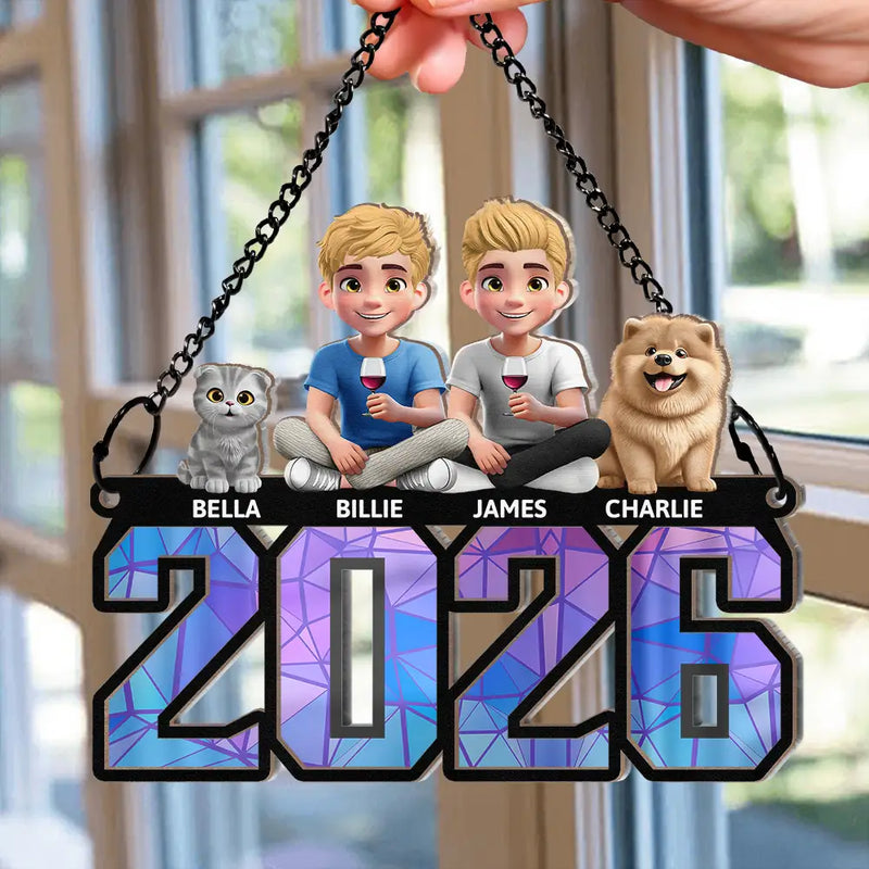 Family, Parents, Gift For Grandparents, Happy - 3D Effect Family And Dog Cat - Personalized Window Hanging Suncatcher Ornament