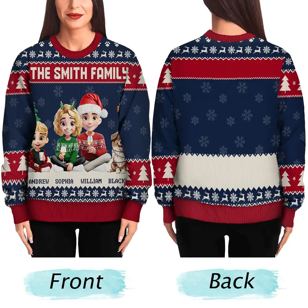 Family,Parents,Gift For Kids,Pet Lovers,Dog Lovers,Cat Lovers,Christmas,Happy - 3D Effect Family Merry Christmas - Personalized Unisex Ugly Sweater