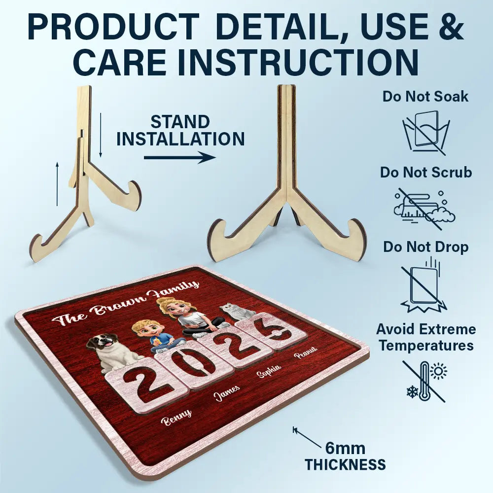 Family,Pet Lovers,Pet Mom,Pet Dad,Pet Couple,Dog Lovers,Dog Couple,Dog Mom,Dog Dad,Cat Lovers,Cat Mom,Cat Dad,Cat Couple,Happy,Single Mom,Single Dad,LGBT,Gift For Grandpa,Gift For Grandma,Gift For Grandkids - 3D Effect Family Sitting Together - Personalized 2-Layered Wooden Plaque With Stand