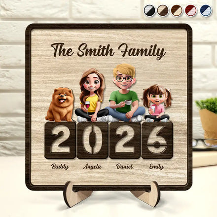 3D Effect Family Sitting Together - Personalized 2-Layered Wooden Plaque With Stand