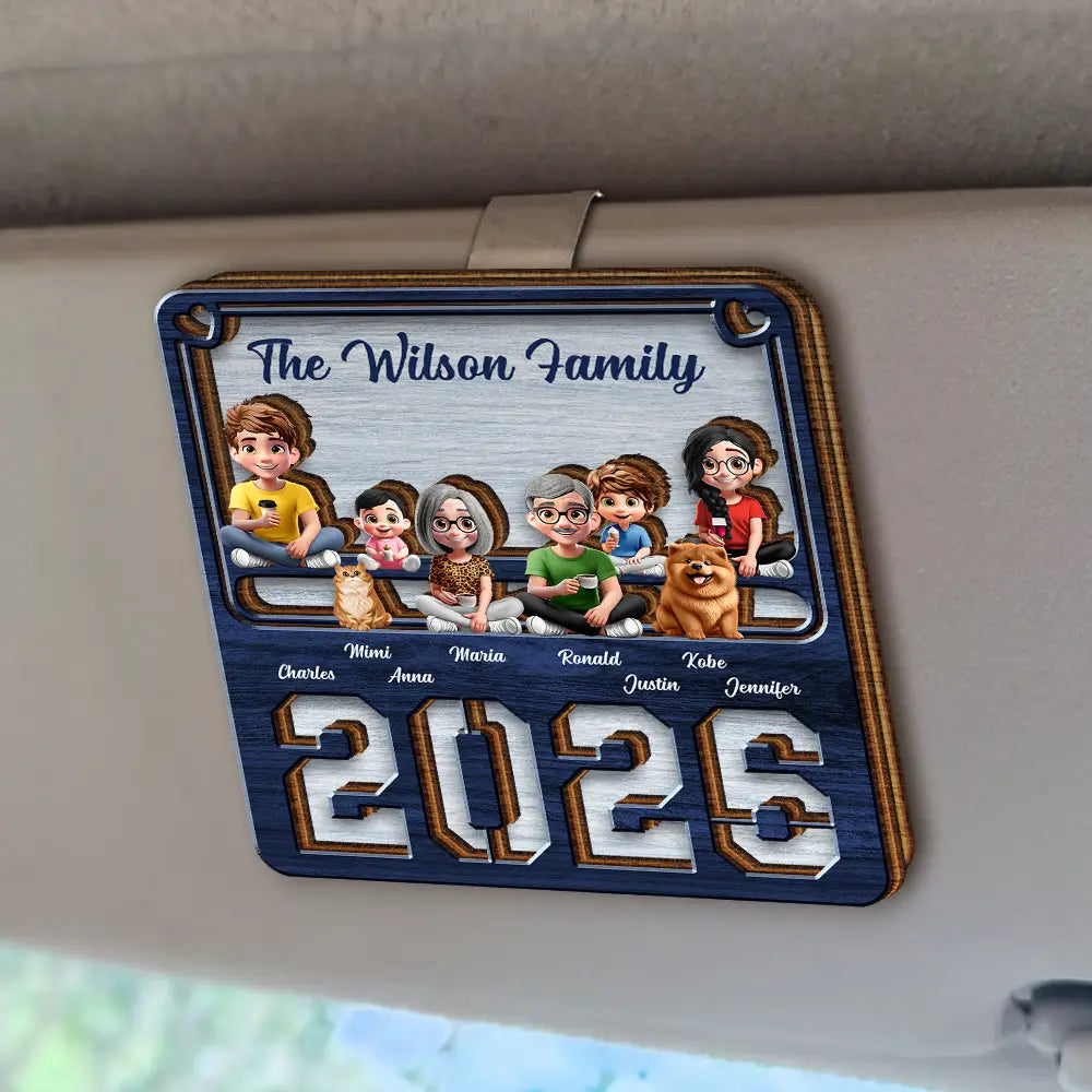 Family,Pet Lovers,Pet Mom,Pet Dad,Pet Couple,Dog Lovers,Dog Couple,Dog Mom,Dog Dad,Cat Lovers,Cat Mom,Cat Dad,Cat Couple,Happy,Single Mom,Single Dad,LGBT,Gift For Grandpa,Gift For Grandma,Gift For Grandkids - 3D Effect Family Sitting Together - Personalized Custom Shaped Car Visor Clip