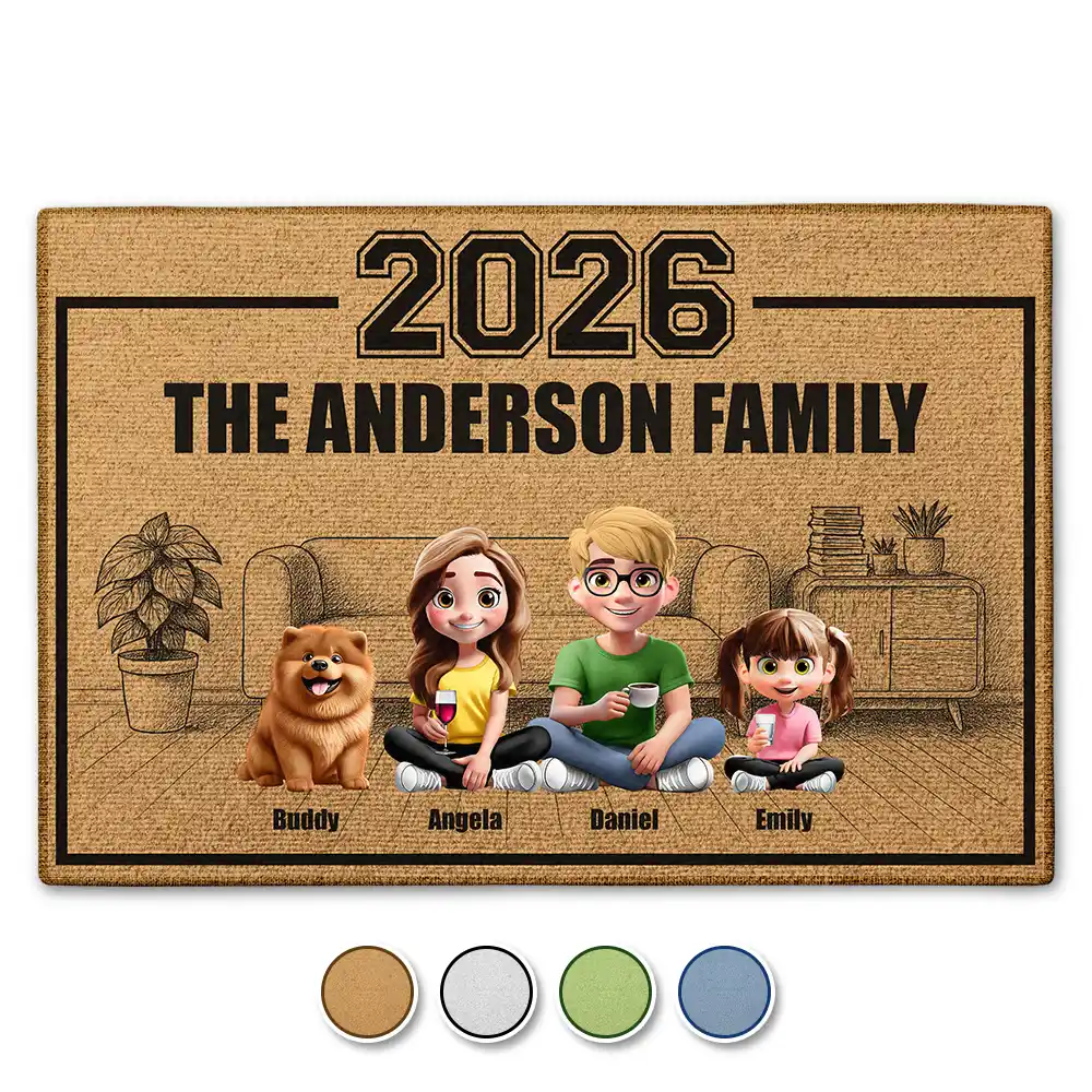 Family,Pet Lovers,Pet Mom,Pet Dad,Pet Couple,Dog Lovers,Dog Couple,Dog Mom,Dog Dad,Cat Lovers,Cat Mom,Cat Dad,Cat Couple,Happy,Single Mom,Single Dad,LGBT,Gift For Grandpa,Gift For Grandma,Gift For Grandkids - 3D Effect Family Sitting Together - Personalized Doormat