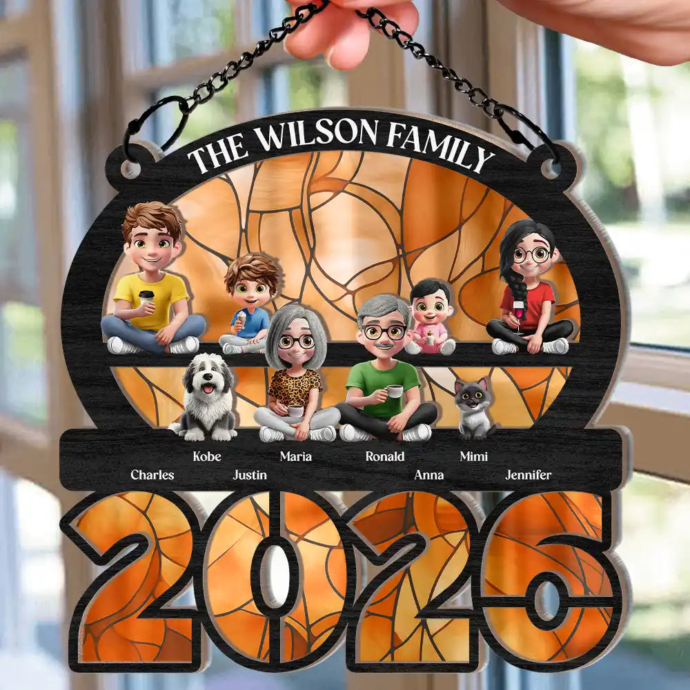 Family,Pet Lovers,Pet Mom,Pet Dad,Pet Couple,Dog Lovers,Dog Couple,Dog Mom,Dog Dad,Cat Lovers,Cat Mom,Cat Dad,Cat Couple,Happy,Single Mom,Single Dad,LGBT,Gift For Grandpa,Gift For Grandma,Gift For Grandkids - 3D Effect Family Sitting Together - Personalized Window Hanging Suncatcher Ornament