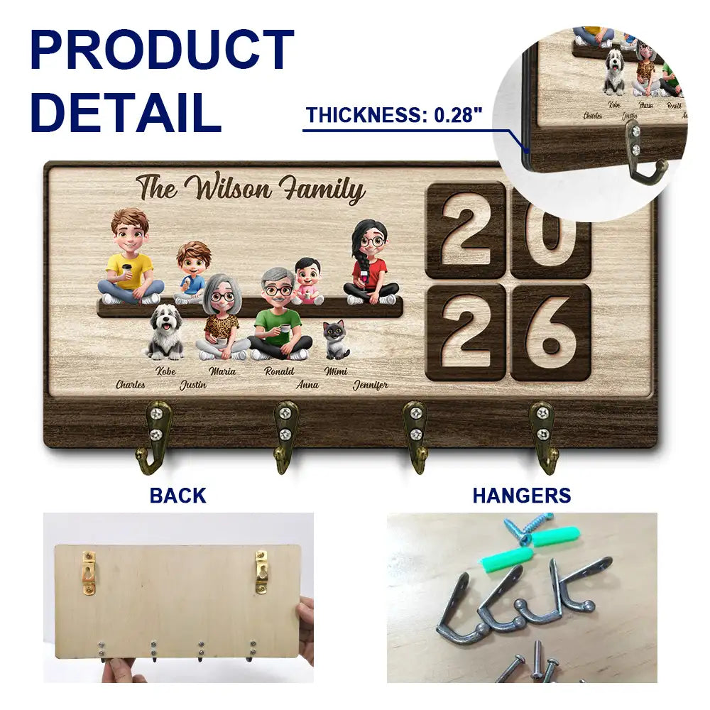 Family,Pet Lovers,Pet Mom,Pet Dad,Pet Couple,Dog Lovers,Dog Couple,Dog Mom,Dog Dad,Cat Lovers,Cat Mom,Cat Dad,Cat Couple,Happy,Single Mom,Single Dad,LGBT,Gift For Grandpa,Gift For Grandma,Gift For Grandkids - 3D Effect Family Sitting Together - Personalized Wood Key Holder