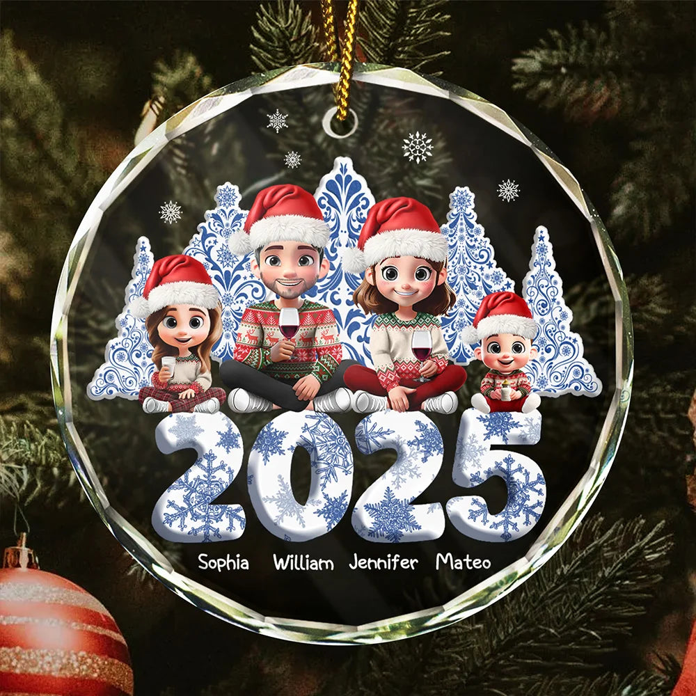 3D Effect Family Toile De Jouy Christmas Trees For Parent, Kid, Baby - Personalized Circle Glass Ornament