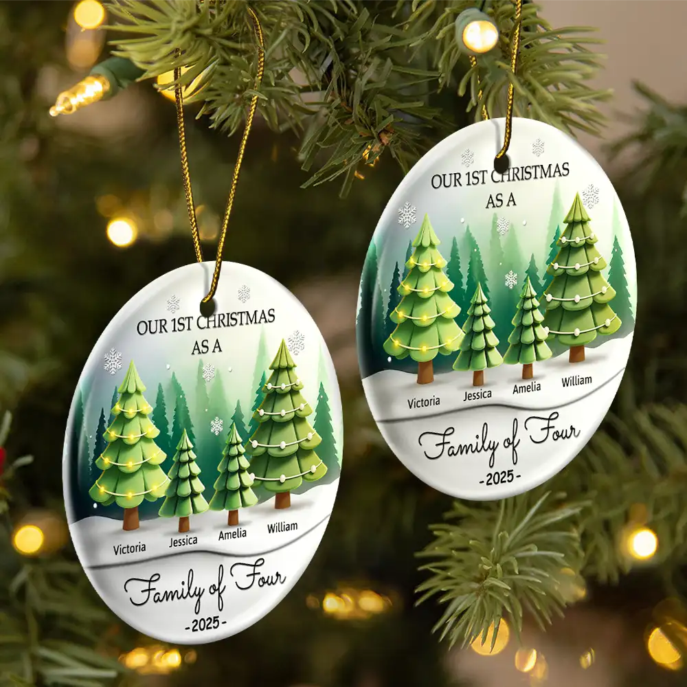 Family, Parents, Gift For Kids, Christmas, Happy - 3D Effect First Christmas As A Family Of Three - Personalized Circle Ceramic Ornament