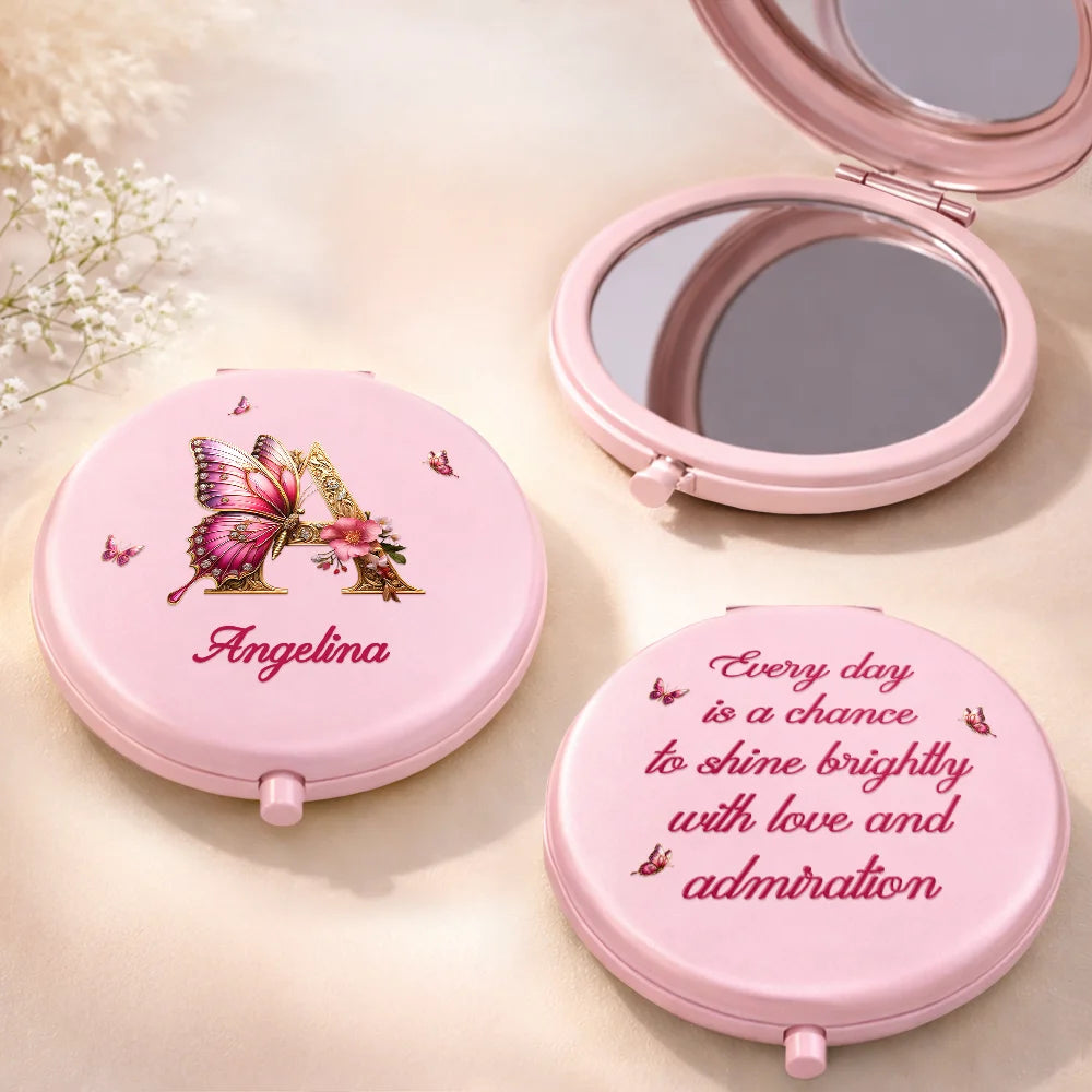 Gift For Women, Gift For Yourself, Gift For Bestie, Happy - 3D Effect Flower & Butterfly Monogram Shine With Love and Admiration - Personalized Compact Mirror