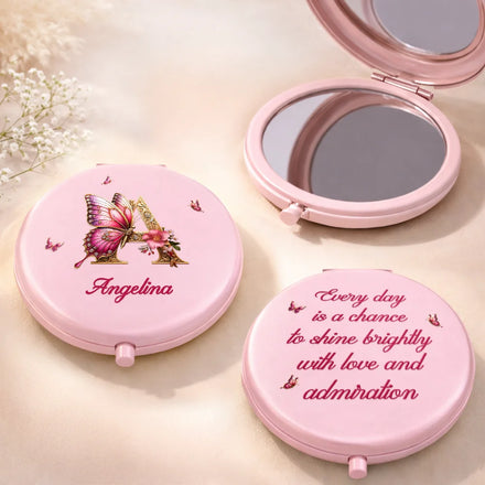 3D Effect Flower & Butterfly Monogram Shine With Love And Admiration - Personalized Compact Mirror
