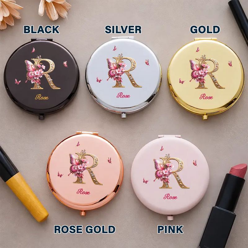 Gift For Women, Gift For Yourself, Gift For Bestie, Happy - 3D Effect Flower & Butterfly Monogram Shine With Love and Admiration - Personalized Compact Mirror