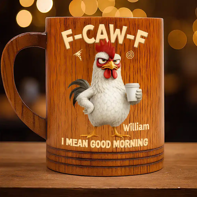 Gift For Yourself,Gift For Women,Gift For Men,Funny - 3D Effect Funny Chicken F-Caw-F I Mean Good Morning - Personalized Wooden Mug