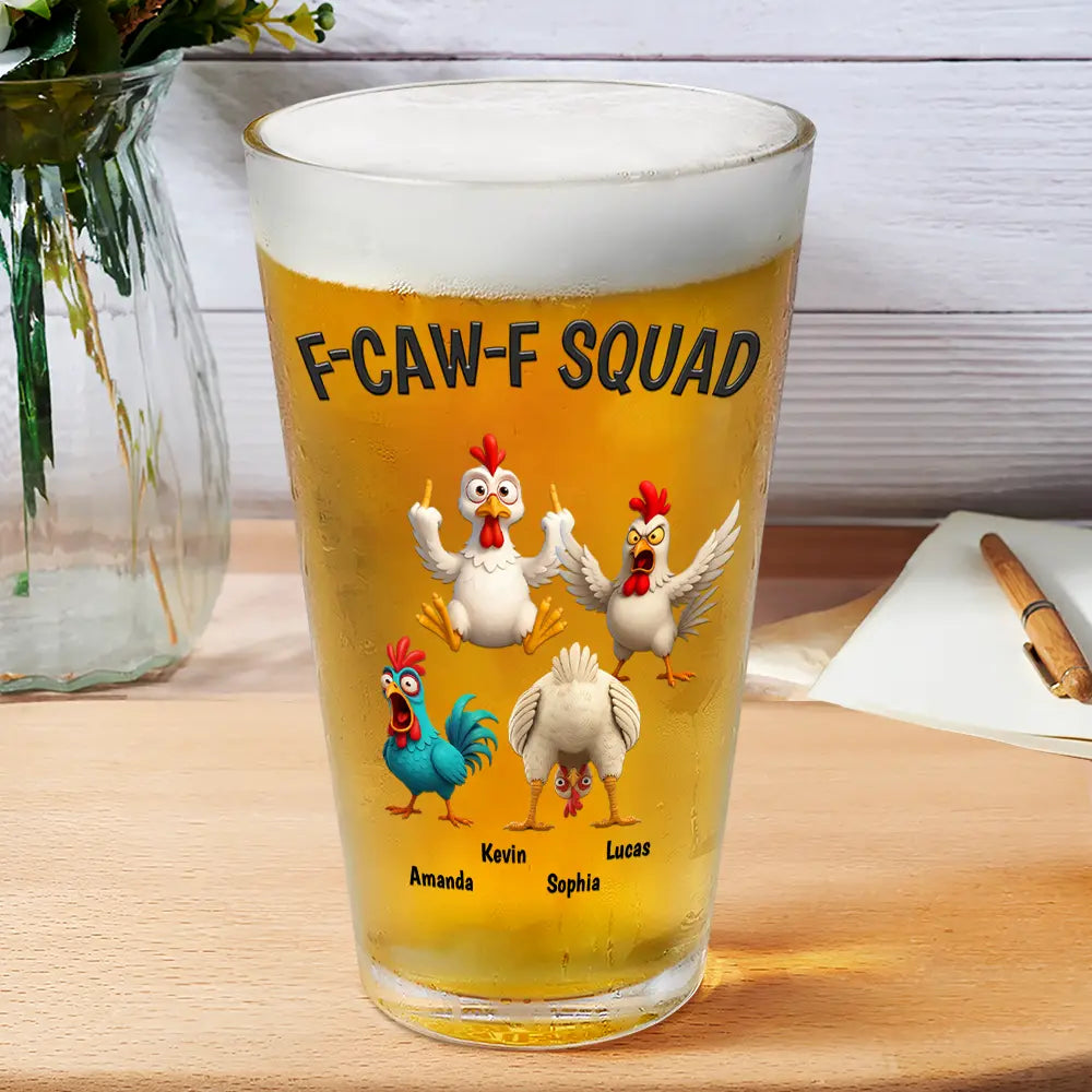 3D Effect Funny Chickens F-CAW-F Squad - Personalized Beer Glass