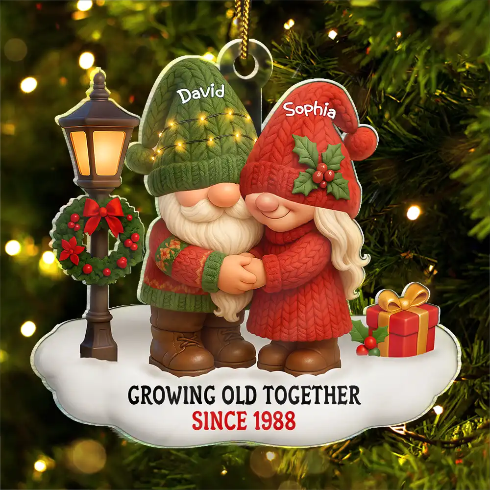 3D Effect Gnome Couple Growing Old Together Christmas - Personalized Custom Shaped Acrylic Ornament