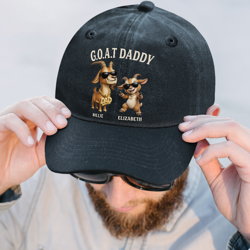 Gift For Father,Humorous,Icon - 3D Effect Goat Dad And Kids - Personalized Vintage Washed Denim Cap