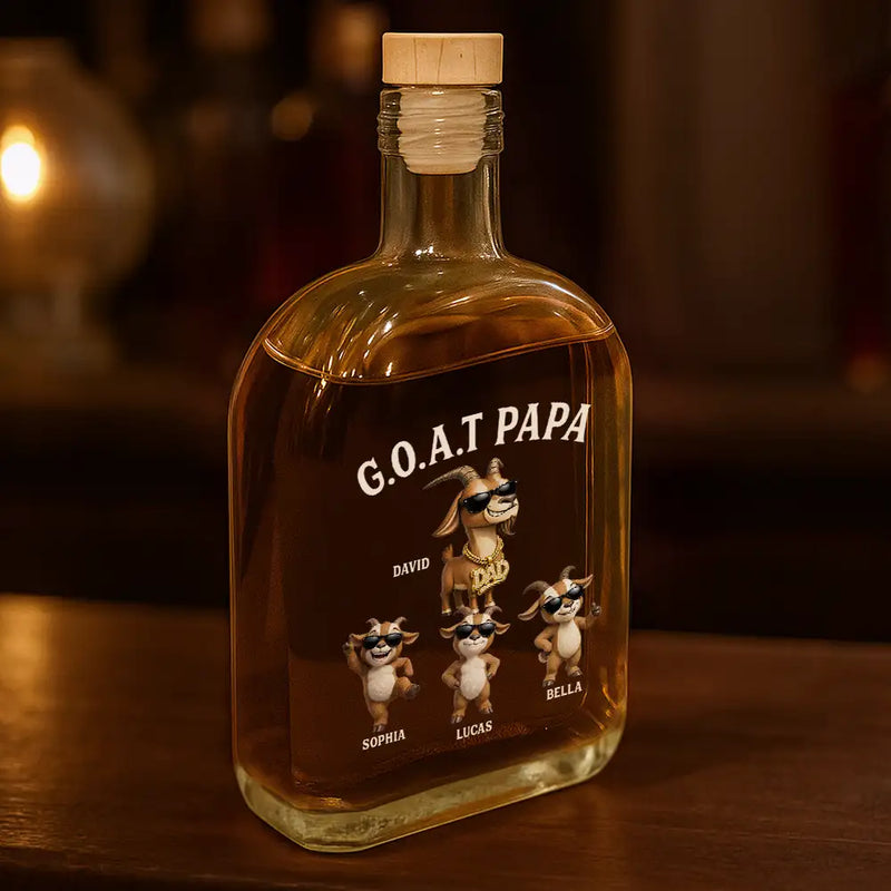 Gift For Father,Humorous,Icon - 3D Effect Goat Dad And Kids - Personalized Whiskey Bottle
