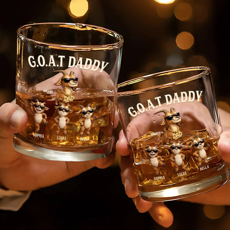 Gift For Father,Humorous,Icon - 3D Effect Goat Dad And Kids - Personalized Whiskey Glass