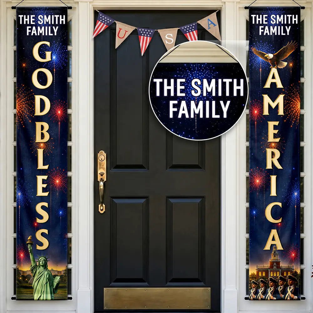America 250th,Independence Day,Family,Proud,Custom Text - 3D Effect God Bless America - Personalized Porch Banners