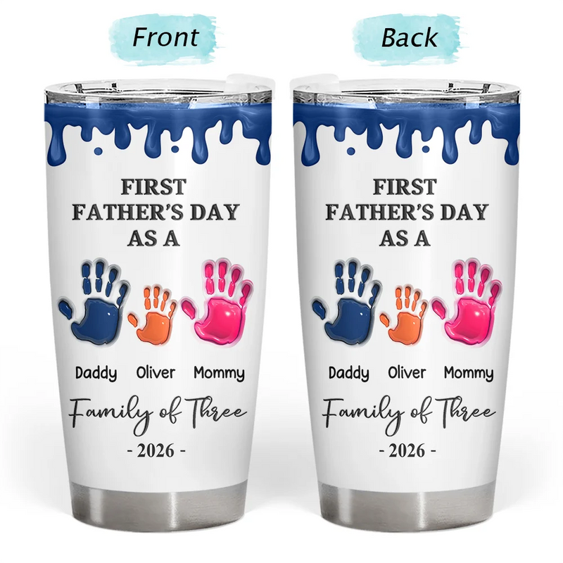 Family, New Dad, New Mom, New baby, Happy - 3D Effect Handprints Family - Personalized Tumbler