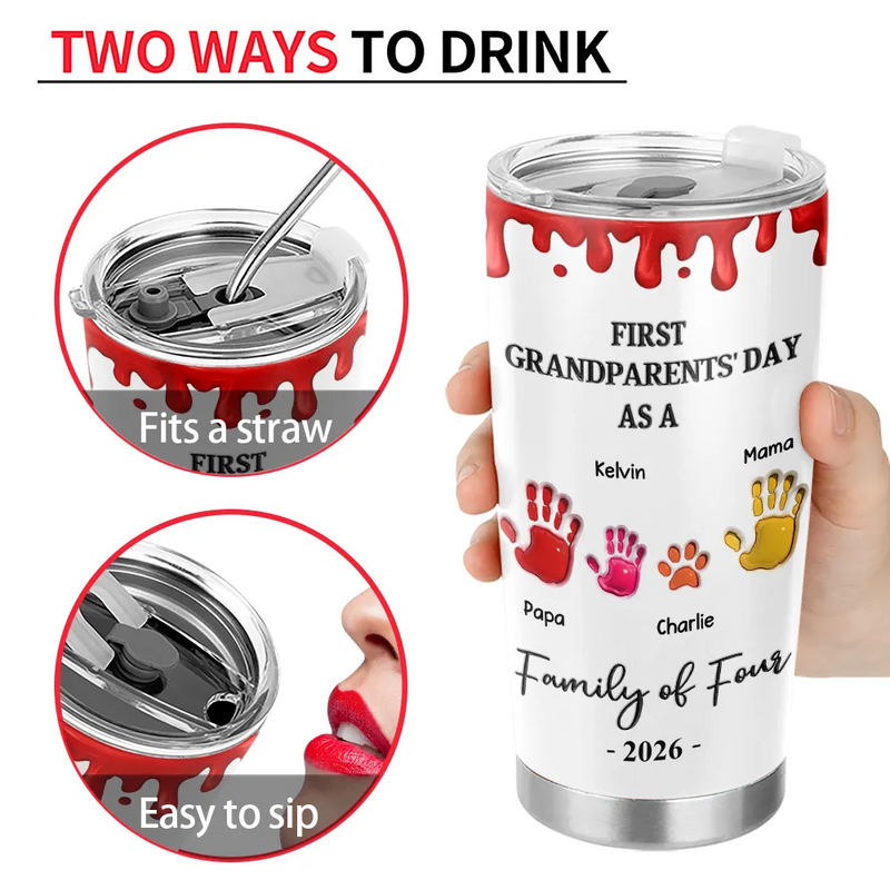 Family, New Dad, New Mom, New baby, Happy - 3D Effect Handprints Family - Personalized Tumbler