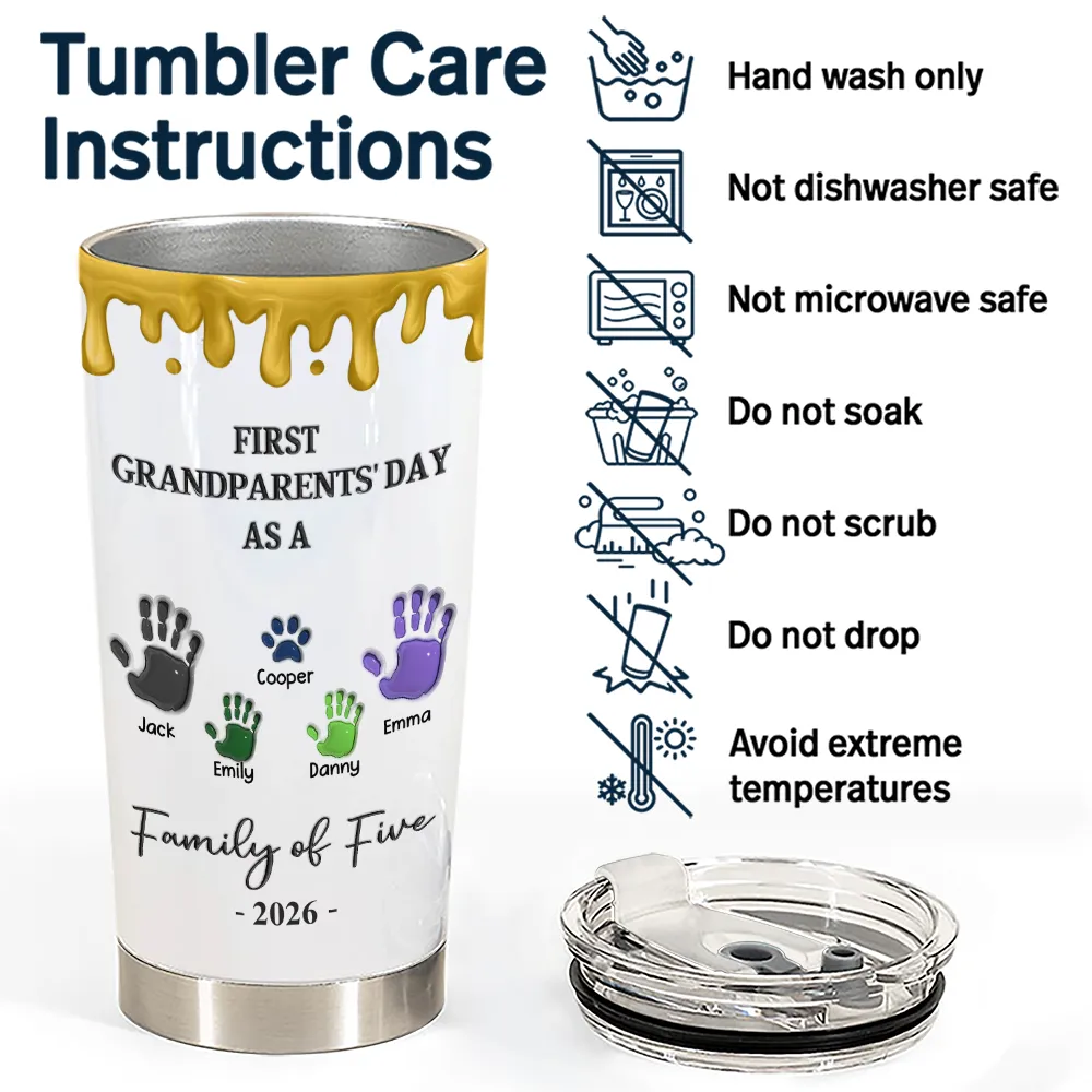 Family, New Dad, New Mom, New baby, Happy - 3D Effect Handprints Family - Personalized Tumbler