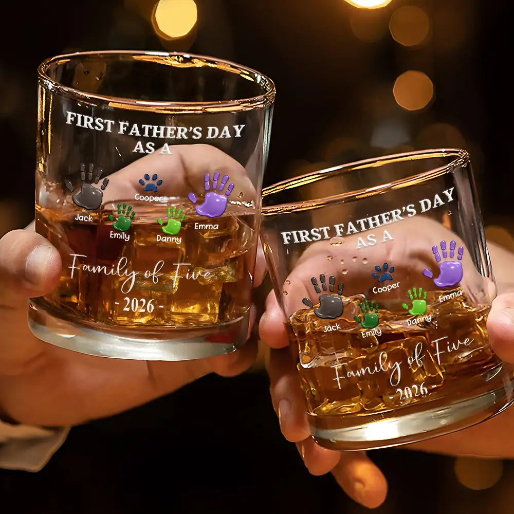 Family,New Dad,New Mom,New baby,Happy - 3D Effect Handprints Family - Personalized Whiskey Glass