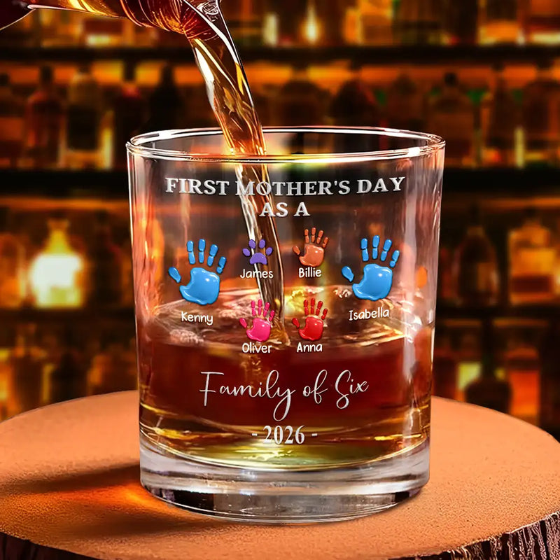Family,New Dad,New Mom,New baby,Happy - 3D Effect Handprints Family - Personalized Whiskey Glass