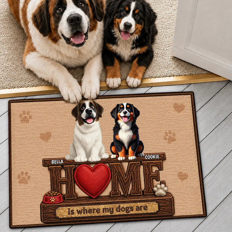Adorable,Indoor Decor,Pet Lovers,Vector - 3D Effect Home Is Where My Dogs Cats Are Faux Embroidery Effect - Personalized Doormat