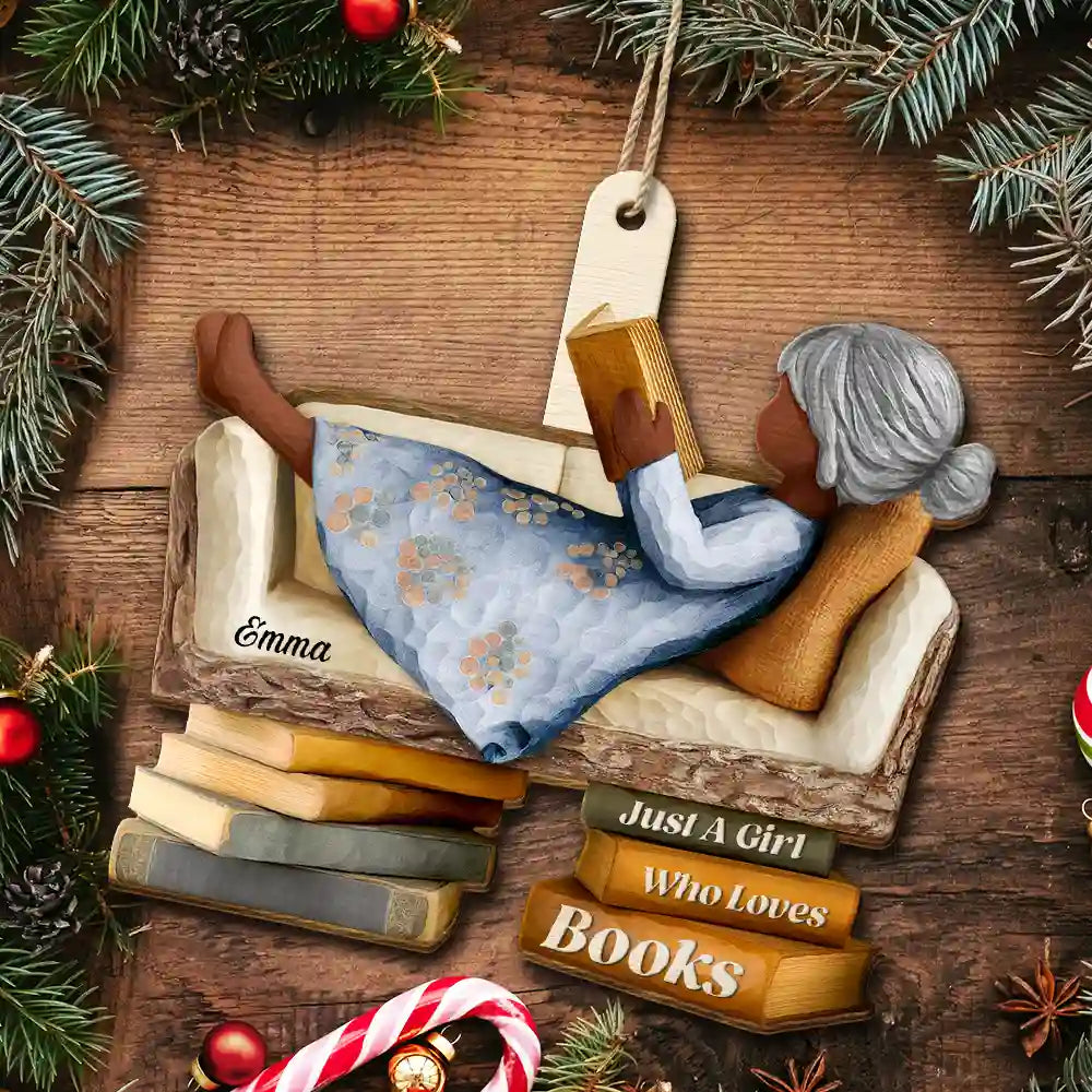 Gift For Yourself,Gift For Women,Gift For Men,Reading,Christmas,Happy - 3D Effect Just A Girl Who Loves Books - Personalized Custom Shaped Wooden Ornament